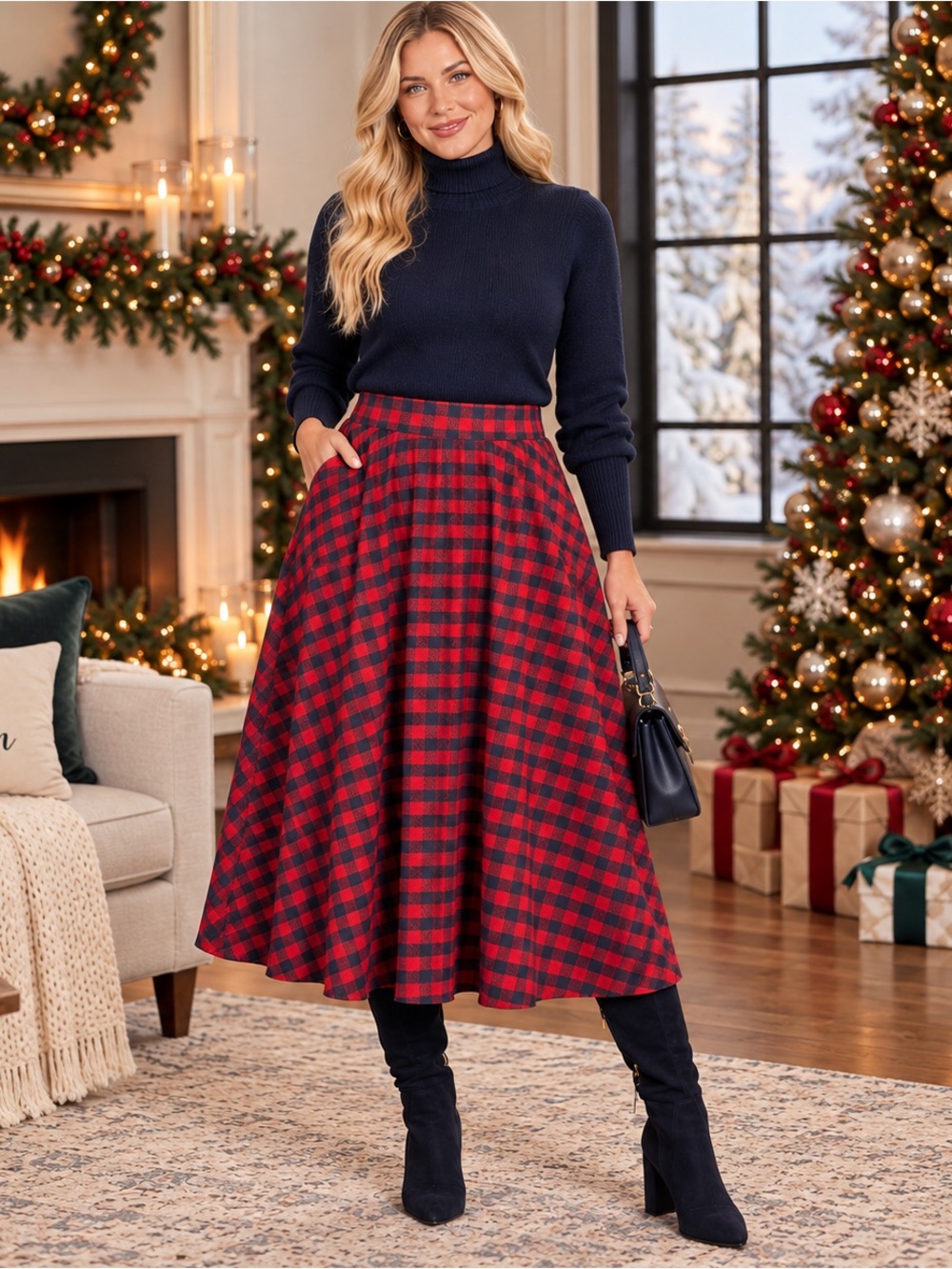 Tulip B Red Navy Buffalo Plaid Flannel Midi Skirt XL Pockets Holiday
